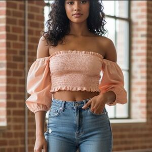 Pretty Little Thing Women Pink Off Shoulder Balloon Sleeve Cropped Top Size 4NWT